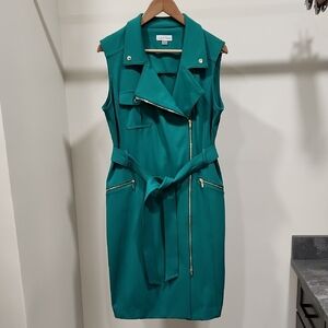 Calvin Klein Emerald Green Sleeveless Moto Midi Dress with Belt